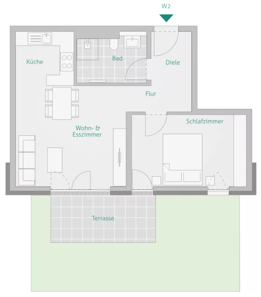 Schicke 2-Zimmer Erdgeschosswohnung mit Süd-Terrasse & kleinem Garten - Wohnung 2 - Haus 1 (13044)