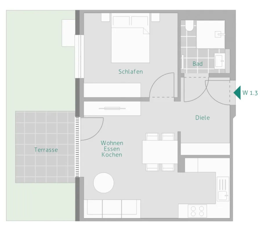 Mitten in Renningen: 2 Zimmer mit großer West-Terrasse - Grundriss Whg. 3 (14003)