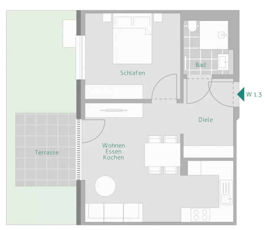 Mitten in Renningen: 2 Zimmer mit großer West-Terrasse - Grundriss Whg. 3 (13469)
