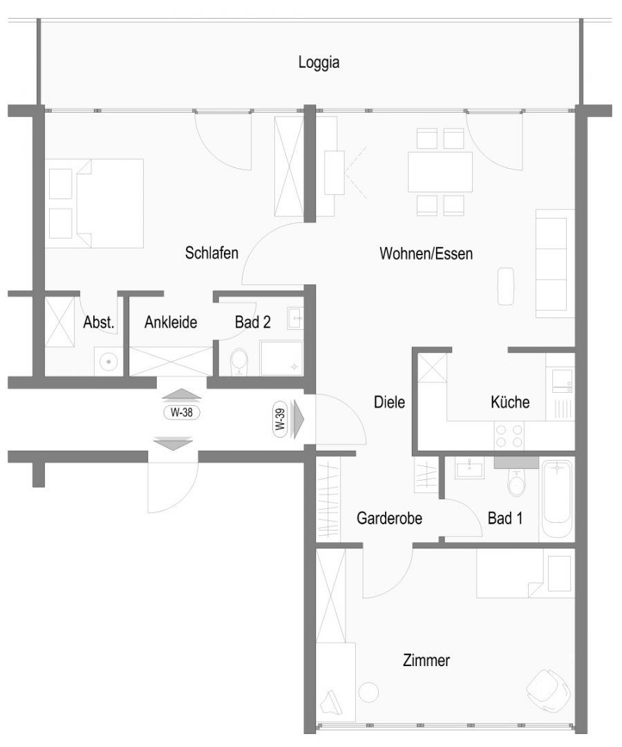 Großzügige 3-Zimmerwohnung mit 95,74 m², großer Südloggia, 2 Bädern & 2 Tiefgaragenstellplätzen - Grundriss W-38+39 (13007)