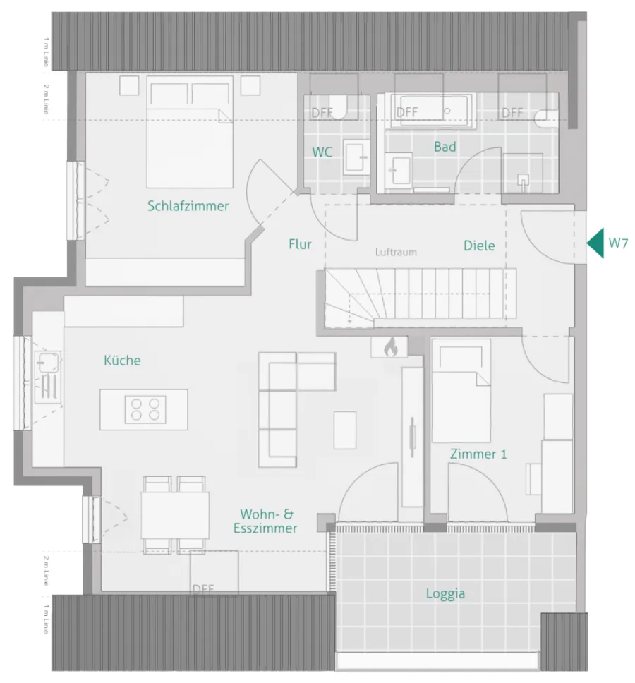 GENIALE 4 Zimmer: Kamin, Süd-Loggia & 2. Balkon – Großzügiges Wohnen auf zwei Ebenen - Wohnung 7 - Haus 1 - 1. DG (14478)