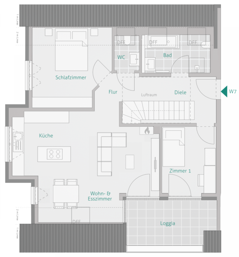 GENIALE 4 Zimmer: Kamin, Süd-Loggia & 2. Balkon – Großzügiges Wohnen auf zwei Ebenen - Wohnung 7 - Haus 1 - 1. DG (9104)