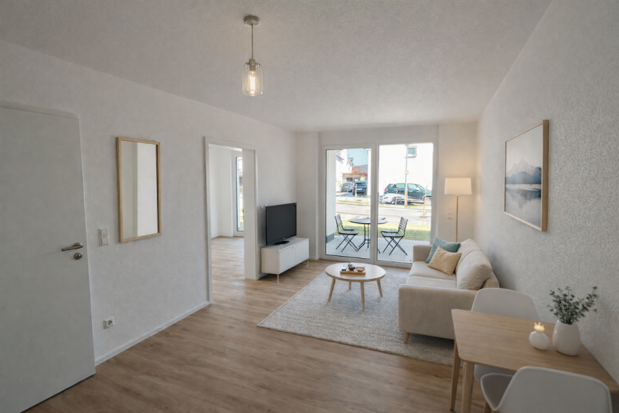 Barrierefreie, helle 2-Zi.-Wohnung im betreuten Wohnen mit Terrasse – komfortabel & zentral. - Wohn-Esszimmer - eingerichtet (9236)