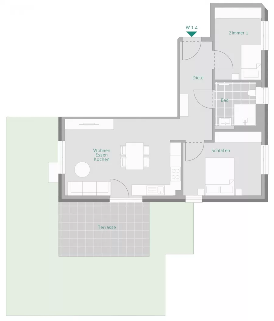 Riesige Sonnen-Terrasse: 3-Zimmer Wohnung – KFW40 QNG - Grundriss Whg. 4 (13458)