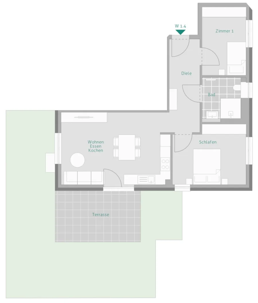 Riesige Sonnen-Terrasse: 3-Zimmer Wohnung – KFW40 QNG - Grundriss Whg. 4 (13992)