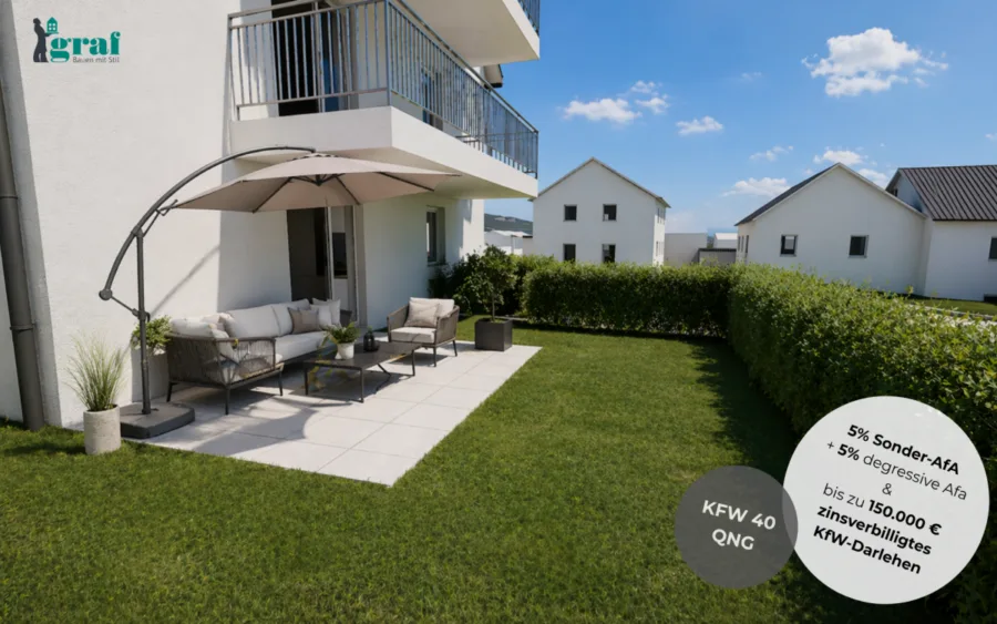Riesige Sonnen-Terrasse: 3-Zimmer Wohnung – KFW40 QNG - Süd-Ost-Ansicht (13982)