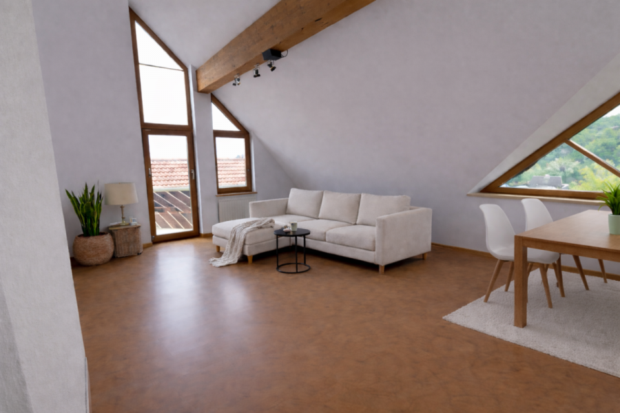 Stilvolle 2-Zimmer-Dachgeschosswohnung mit offener Wohnküche, Luftraum & Balkonaussicht - Wohnzimmer_bsph. eingerichtet (12356)