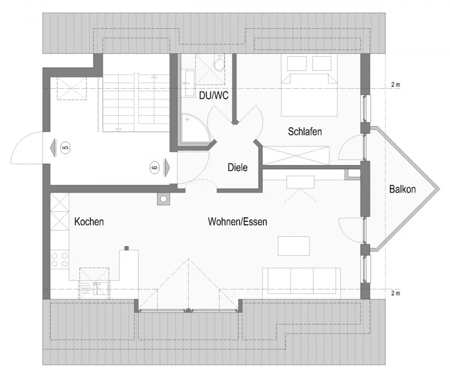 Stilvolle 2-Zimmer-Dachgeschosswohnung mit offener Wohnküche, Luftraum & Balkonaussicht - Wohnung 6 (13363)