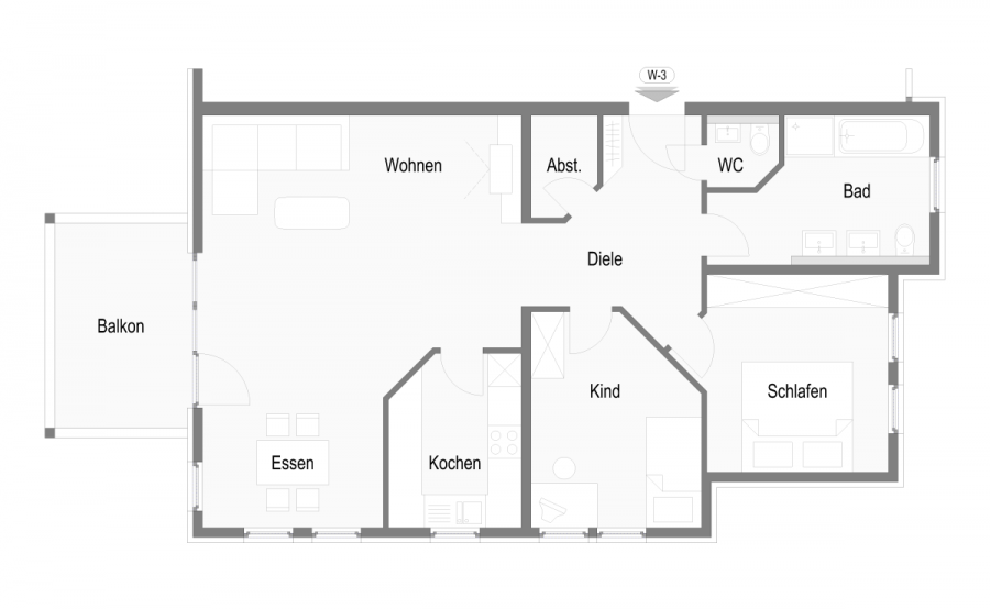 Helle 3-Zimmerwohnung mit Südbalkon, Einbauküche & TG-Stellplatz in Herrenberg-Oberjesingen - Grundriss Wohnung 3 (10735)