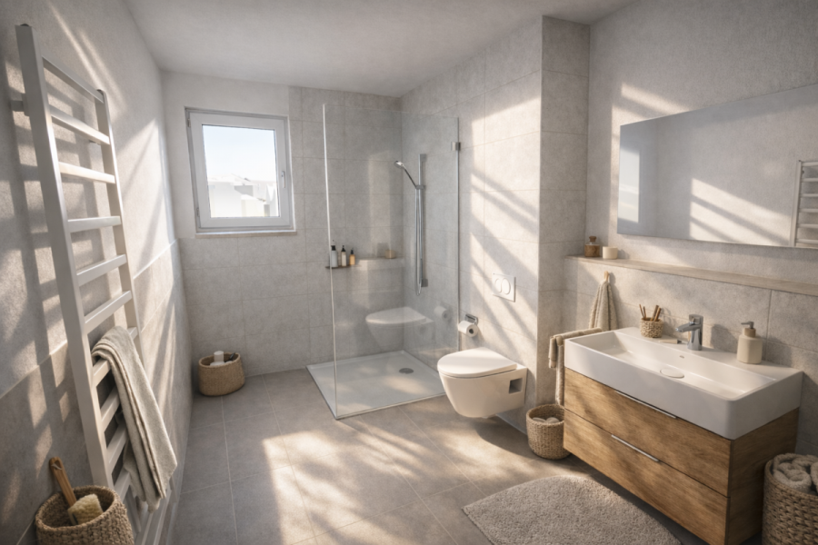 Hochwertige Neubauwohnung im Erdgeschoss mit großem Gartenanteil – Barrierefrei & seniorengerecht - Whg 9 - Tageslichtbad (5657)