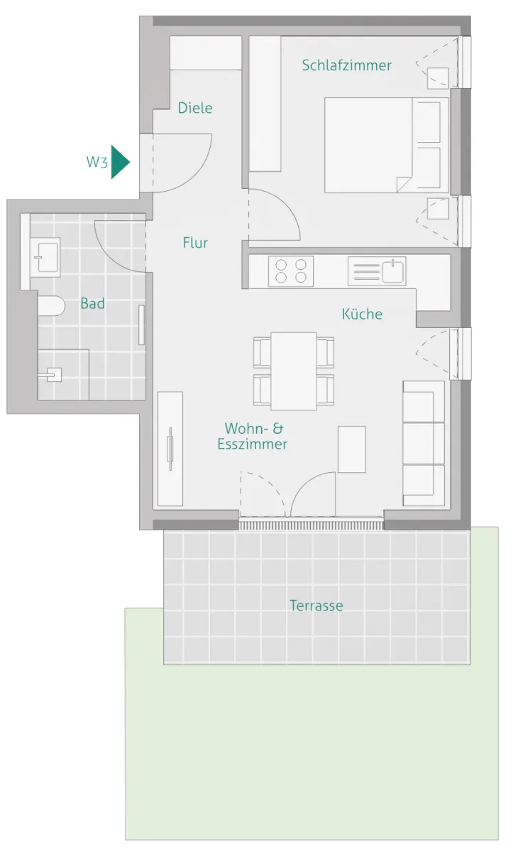 Moderne 2-Zimmer Erdgeschosswohnung mit Süd-Terrasse & kleinem Garten – Helle Räume & zentrale Lage - H1_Wohnung_3 (14131)