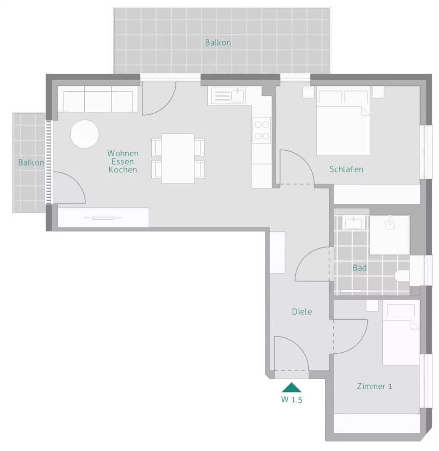 3 Zi. mit 2 Balkonen – ALTERSGERECHT & KFW 40 QNG - Grundriss Whg. 5 (13445)