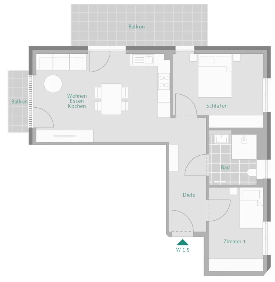 3 Zi. mit 2 Balkonen – ALTERSGERECHT & KFW 40 QNG - Grundriss Whg. 5 (15509)
