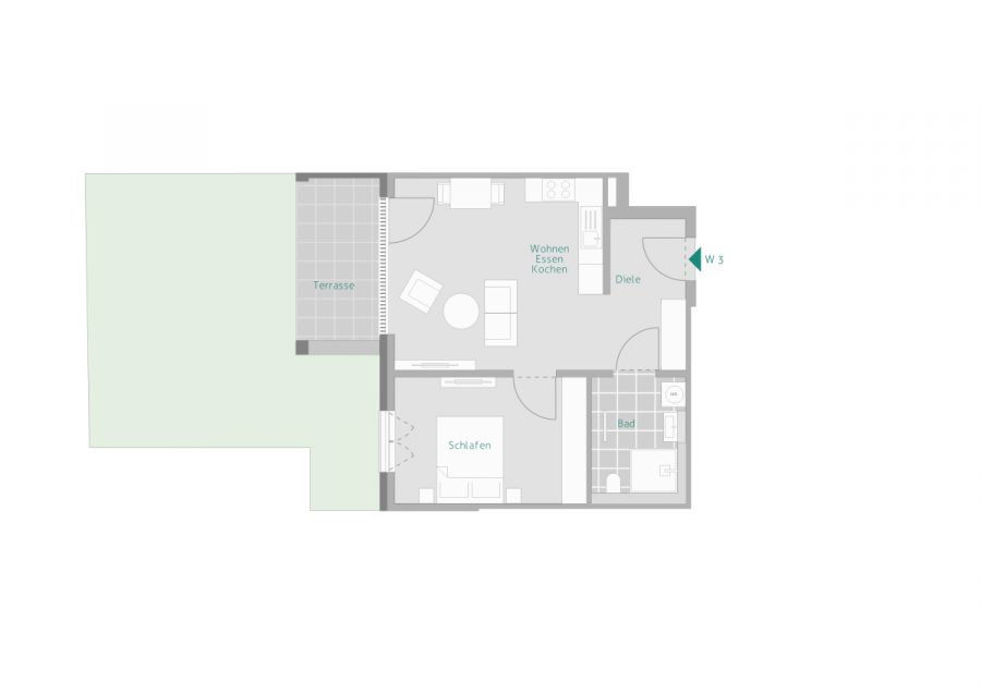 Kapitalanlage: Betreute 2-Zi-Wohnung + EBK - Grundriss Wohnung 3 (12683)
