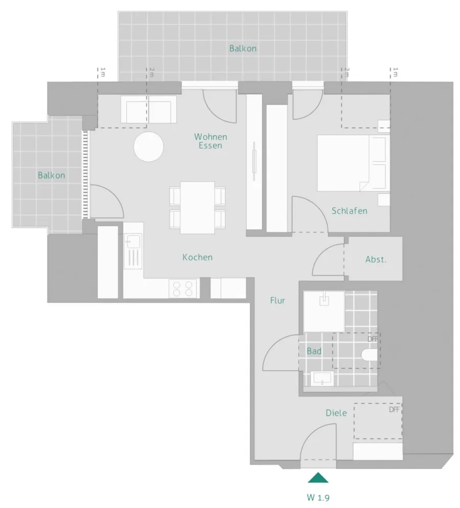 2-Zi-DG-Wohnung mit 2 Balkonen – KFW 40 QNG - Grundriss Whg. 9 (13937)